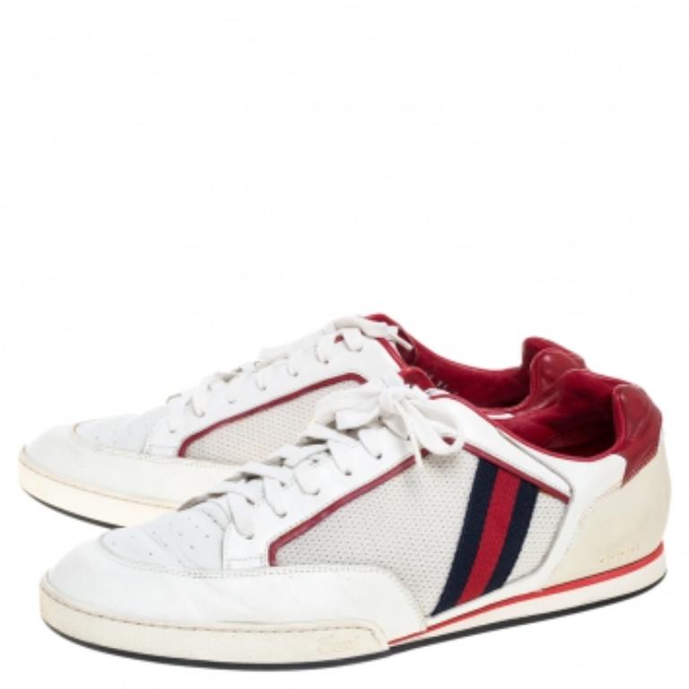 Gucci White Web Leather and Mesh Tennis 83 Lace Up Sneakers Size 45 In Fair Condition For Sale In Dubai, Al Qouz 2