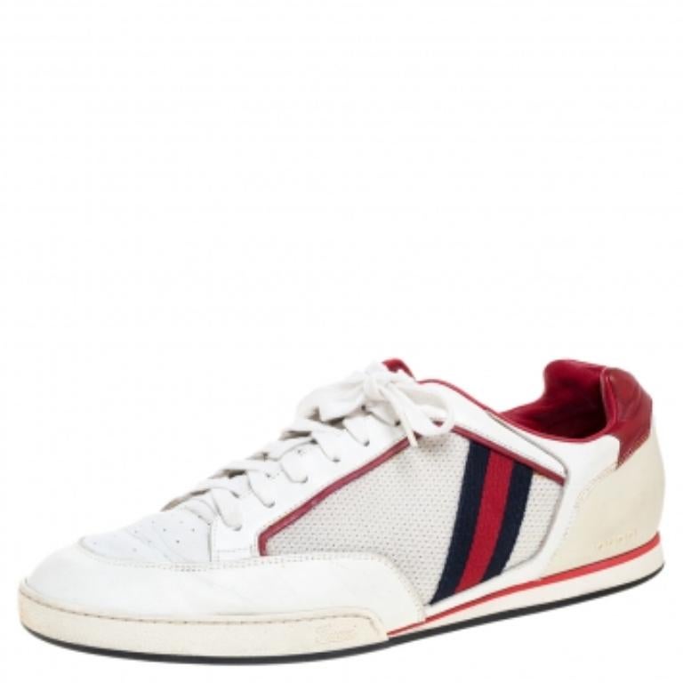 Men's Gucci White Web Leather and Mesh Tennis 83 Lace Up Sneakers Size 45 For Sale