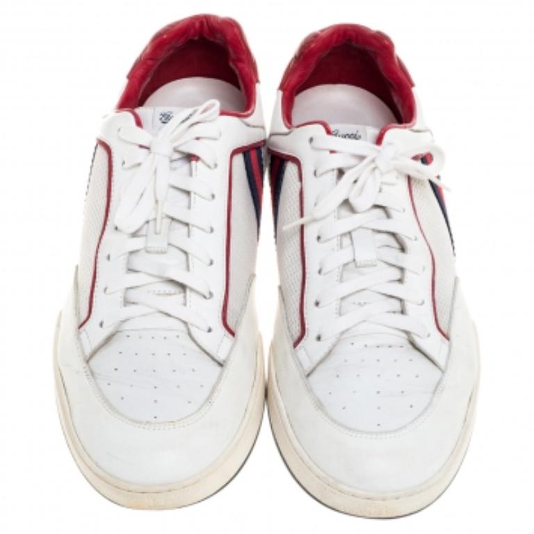 Gucci White Web Leather and Mesh Tennis 83 Lace Up Sneakers Size 45 For Sale 1