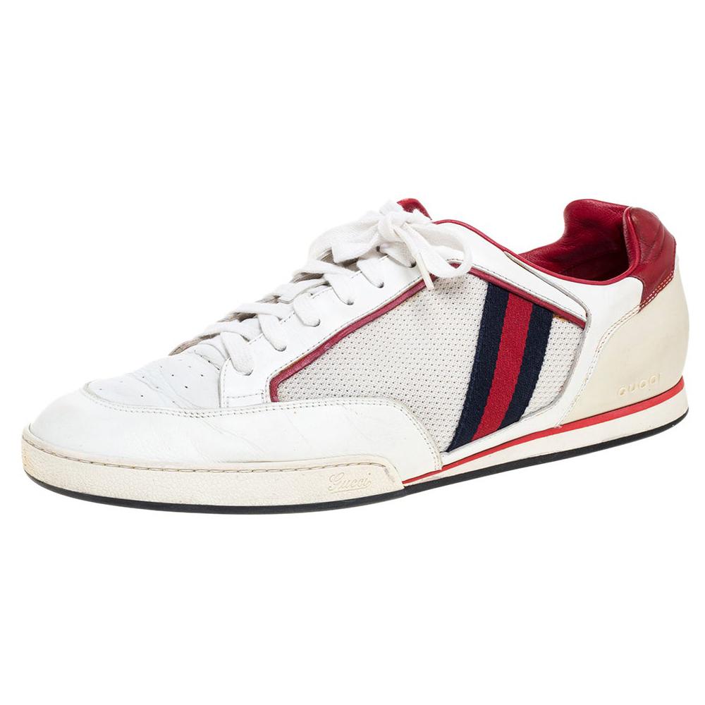 Gucci White Web Leather and Mesh Tennis 83 Lace Up Sneakers Size 45 For Sale