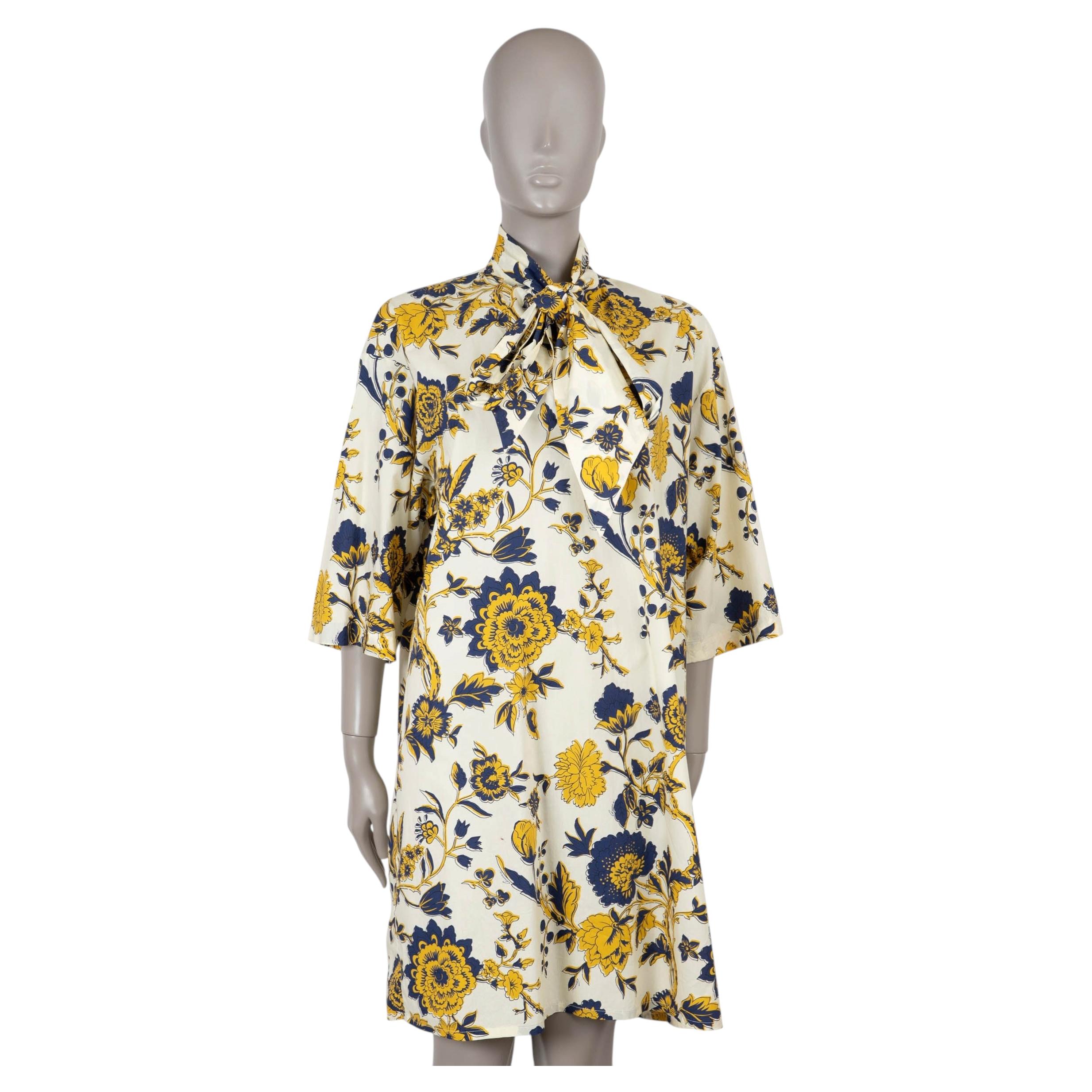 Vestido de popelín de algodón blanco, amarillo y azul de GUCCI, modelo «FLORAL PUSSY BOW», colección 2023, talla 42 M