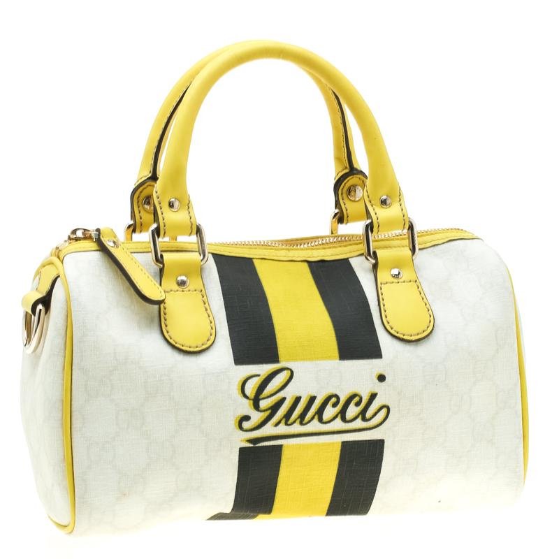 Beige Gucci White/Yellow GG Supreme Canvas Small Web Joy Boston Bag