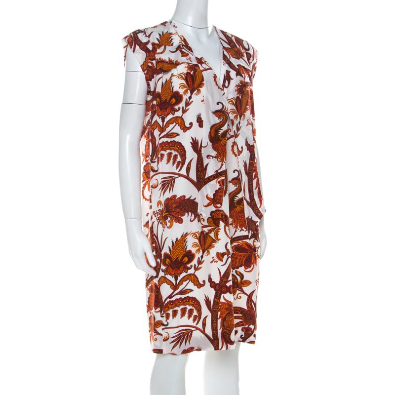 Beige Gucci Whte & Orange Paisley Print Silk Shift Dress M