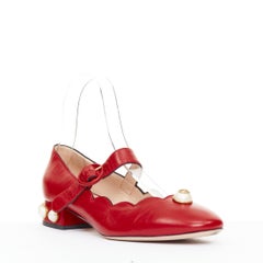 GUCCI Willow calf leather GG pearl embellished scalloped maryjane flats shoes
