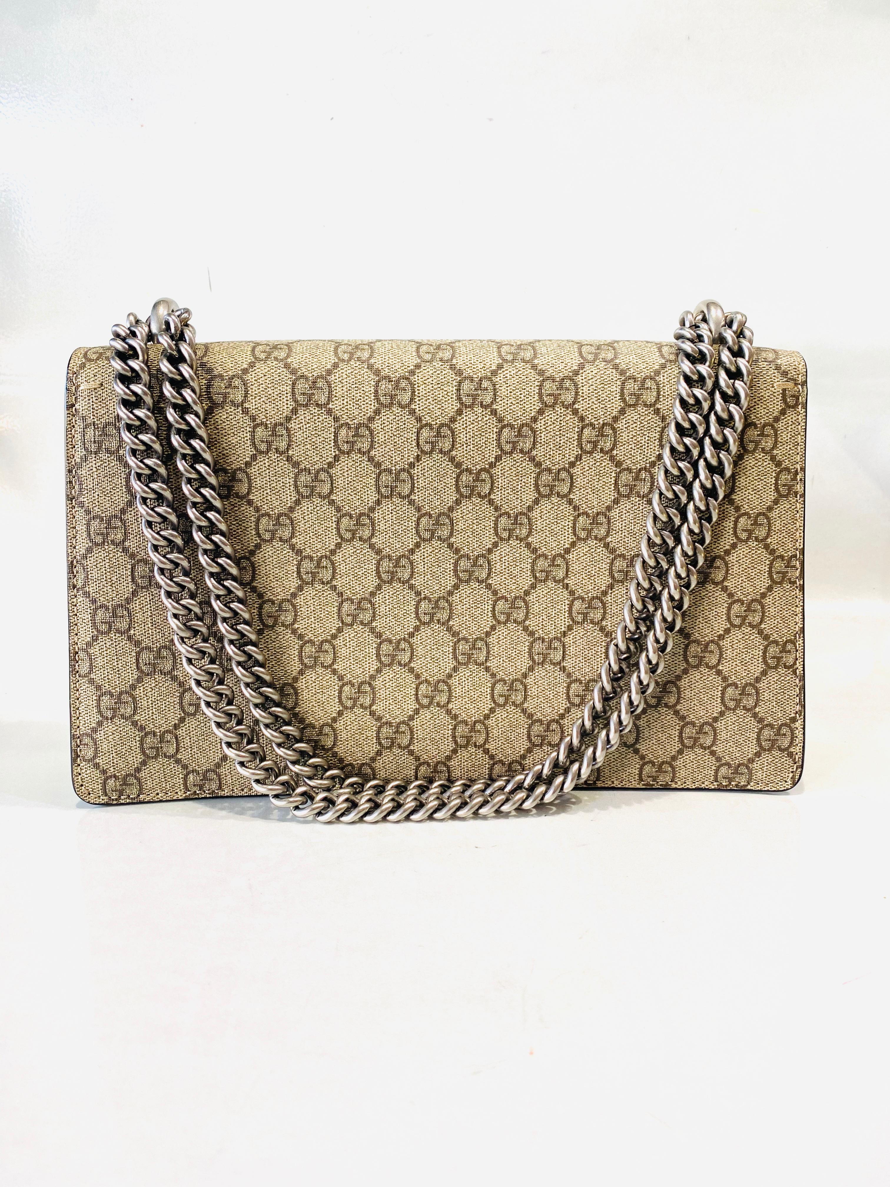 GUCCI Willow Hill Dionysus Beige GG Canvas Green Suede Embroidered Shoulder Bag  In New Condition In Beverly Hills, CA