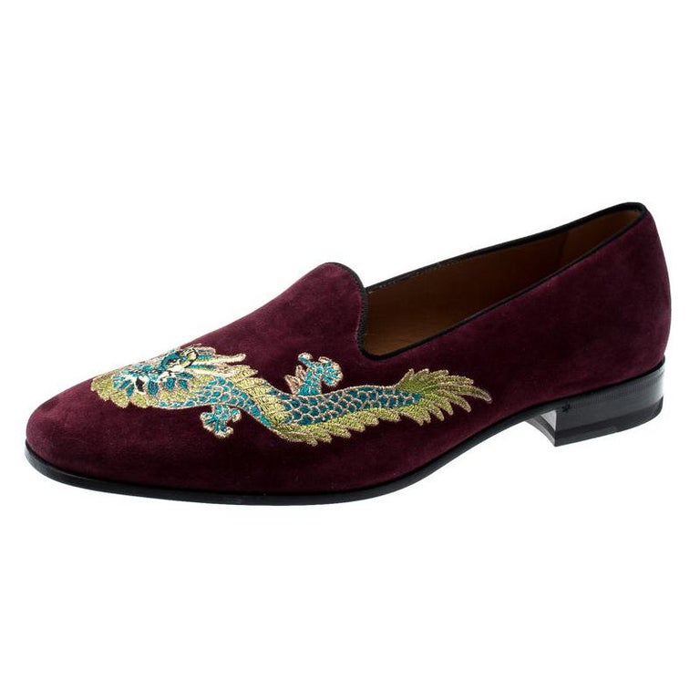 Gucci Wine Suede New Gallipoli Dragon Embroidered Loafers Size 44 For ...