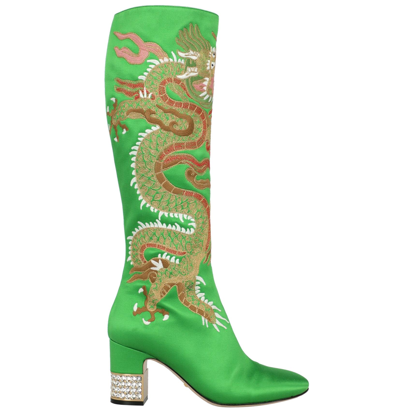 Gucci Woman Boots Green Silk IT 37 For Sale