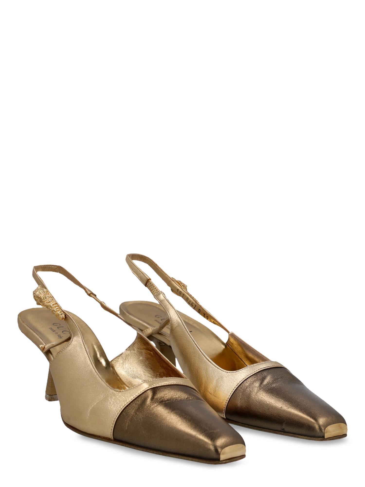Product Description: Pumps, leather, solid color, metallic effect, elasticated slingback fastening, gold-tone hardware, square toe, branded insole, block heel, low and flat heel, relief details

Includes: N/A

Product Condition: Good
Heel: slightly