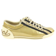 Gucci Damen 38,5 Metallic Gold Schrift Logo Web Low Sneaker 27g31s