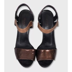 Gucci Women's Brown Textured Leather Sandals Sz 38 Sculptural Heel