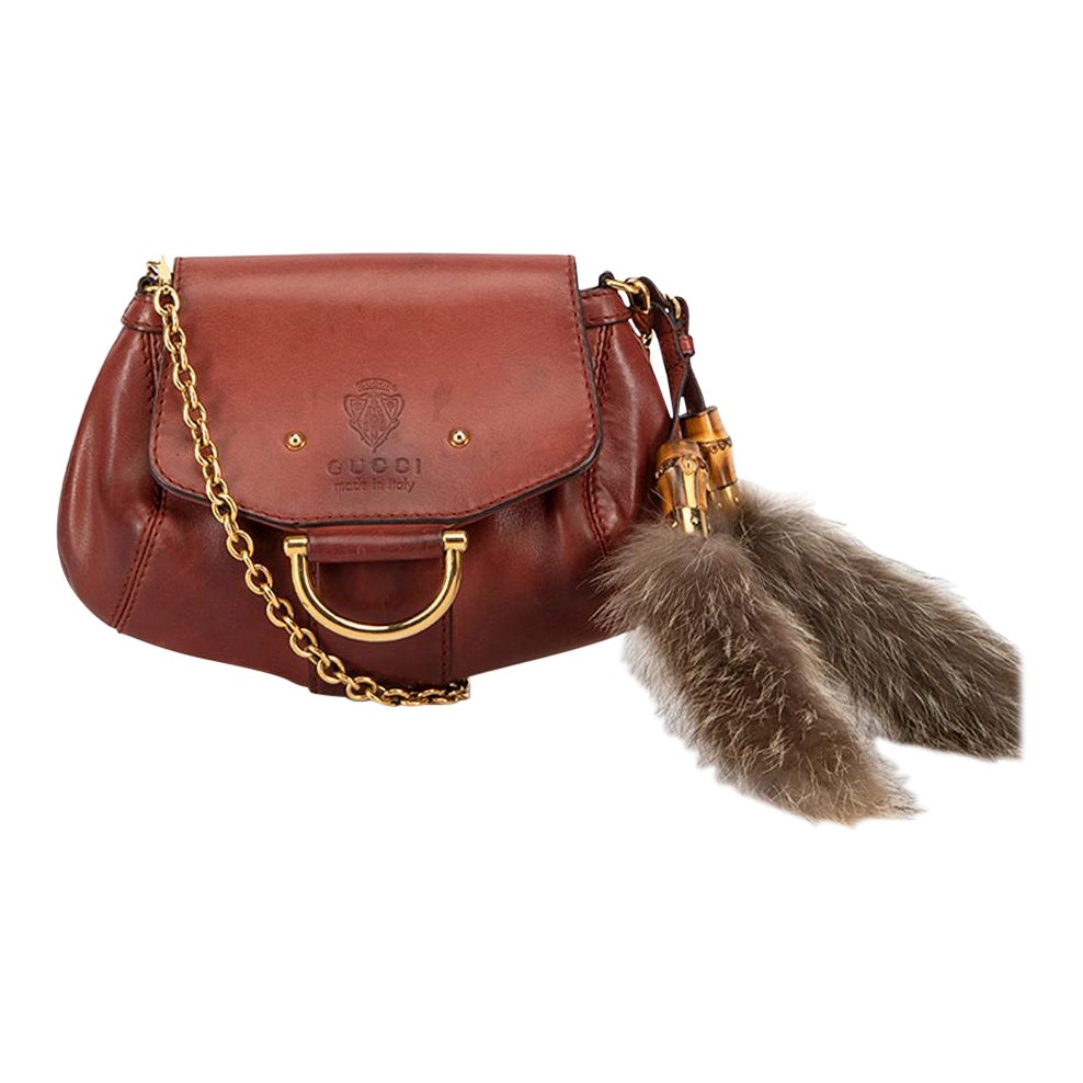 Gucci Women
s Burgundy Leather Smilla Fox Fur Charm Crossbody Bag