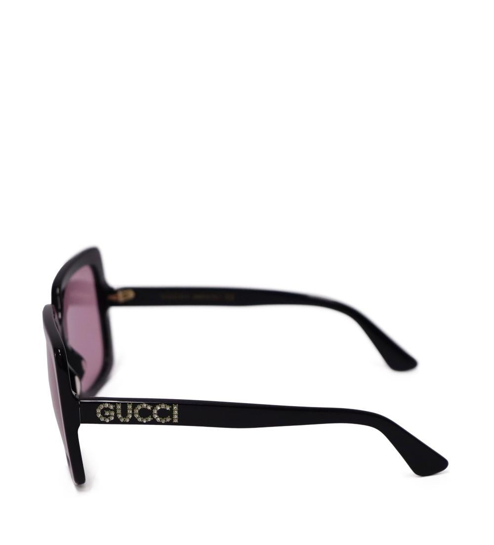 Gucci Women's Crystal-logo Square Acetate Sunglasses, Featuring square frame, tinted pink lenses, crystal Gucci on each side and straight arms with angled tips.

Hardware: Acetate.
Lens: Pink
Lens Width: 54 mm
Lens Bridge: 20 mm
Arm Length: 140