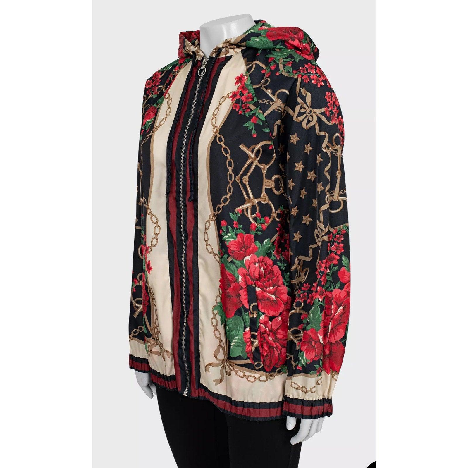 Peppen Sie Ihre Garderobe mit dieser umwerfenden Gucci Damenjacke auf! Die Jacke ist in ausgezeichnetem Zustand und weist keine sichtbaren Gebrauchsspuren auf. Die schmale Passform und der auffällige Blumendruck machen sie zu einer modischen Wahl