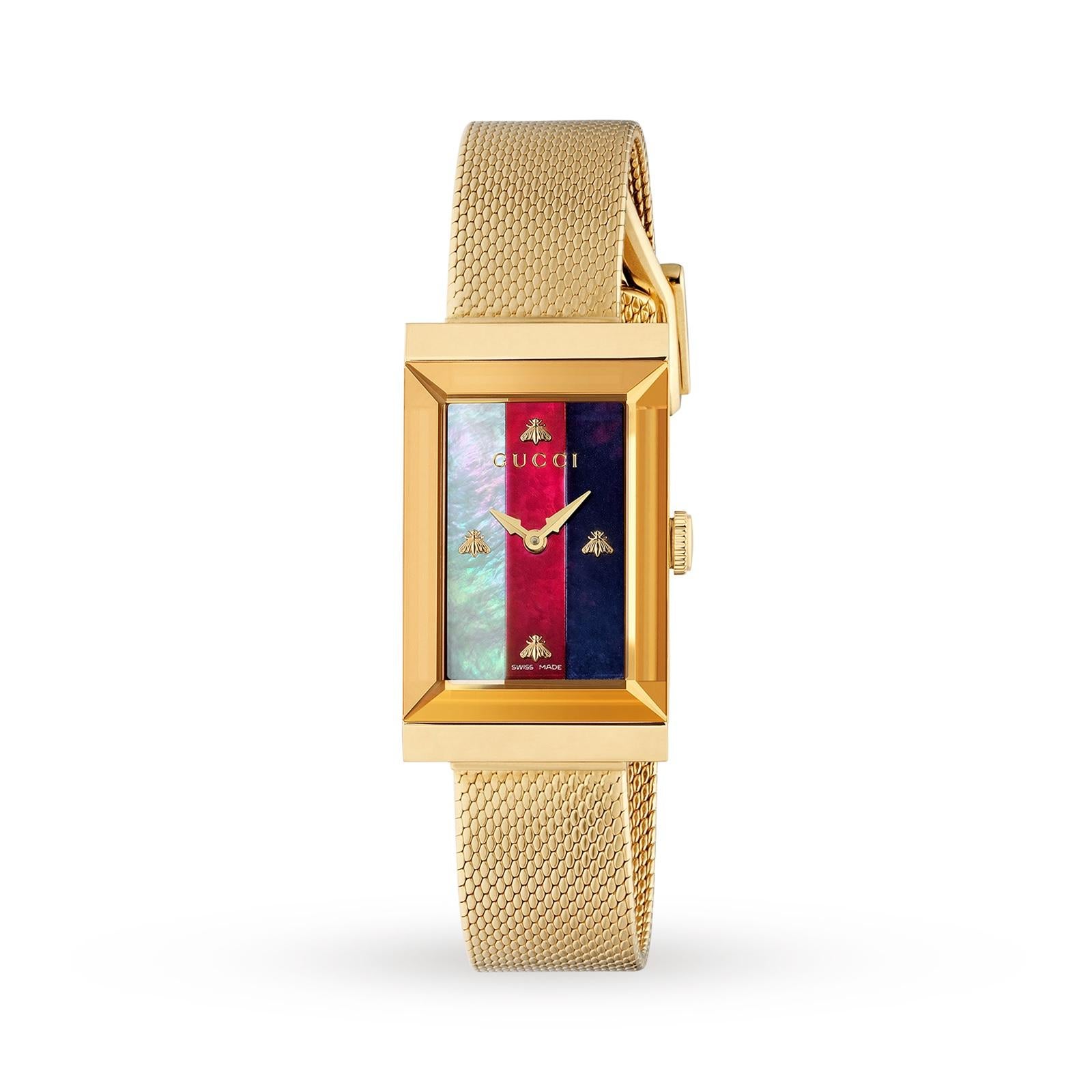 Gucci Women's G-Frame Mesh Bracelet Strap Watch, Gold/Multi YA147410 In New Condition In Wilmington, DE