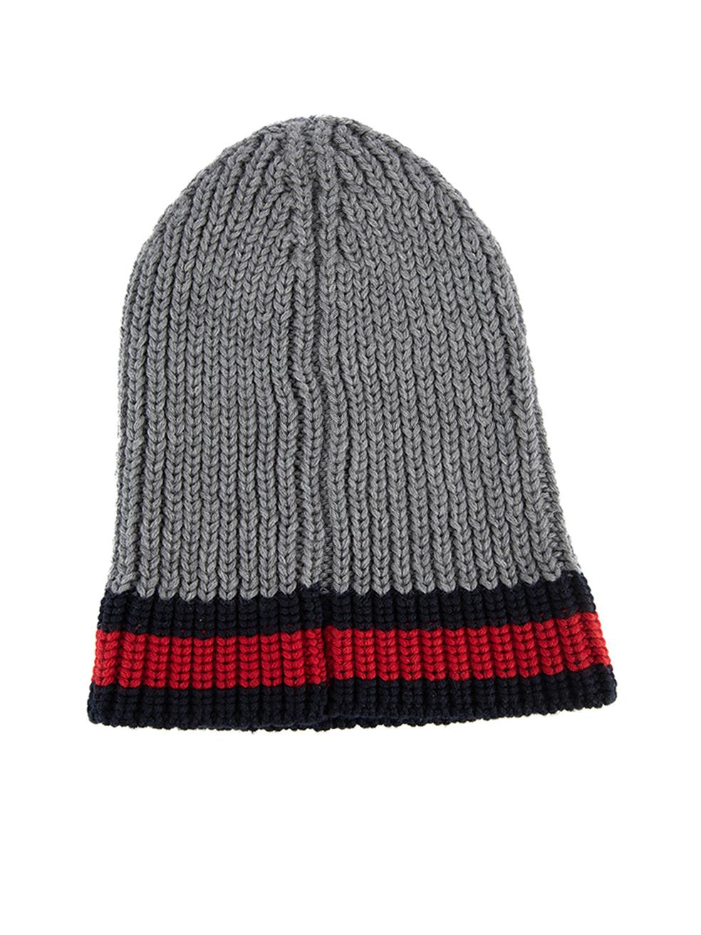 CONDITION is Never Worn. No visible wear to beanie is evident on this used Gucci designer resale item. Details Grey Wool Ribbed knit beanie Signature web stripe detailing Comes with original box Made in Italy Composition 100% Wool Care instructions: