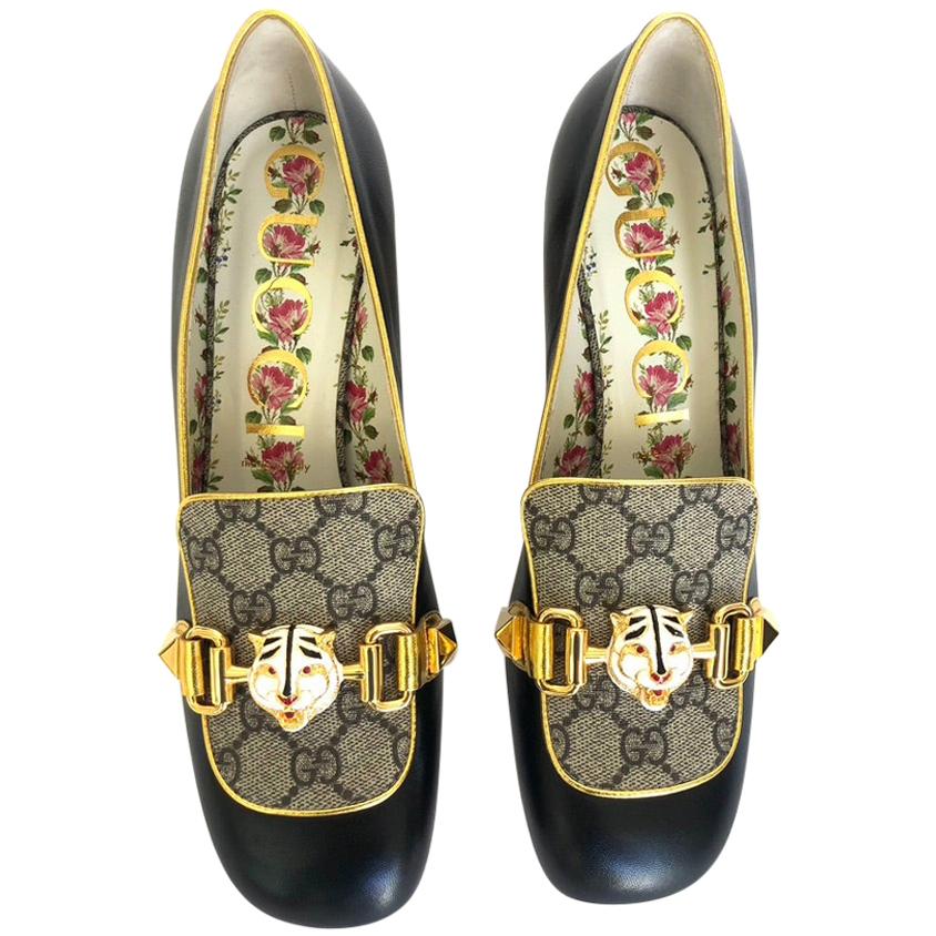 Gucci Women's Leather GG Supreme Embellished Mid-heel Loafer Pump 