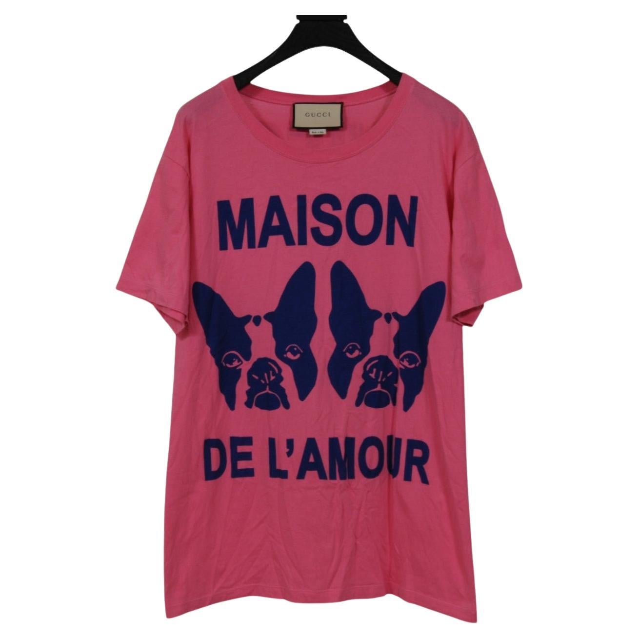 Gucci Womens Maison De L'Amour Bulldog Sequin Logo T Shirt Size Medium Pink