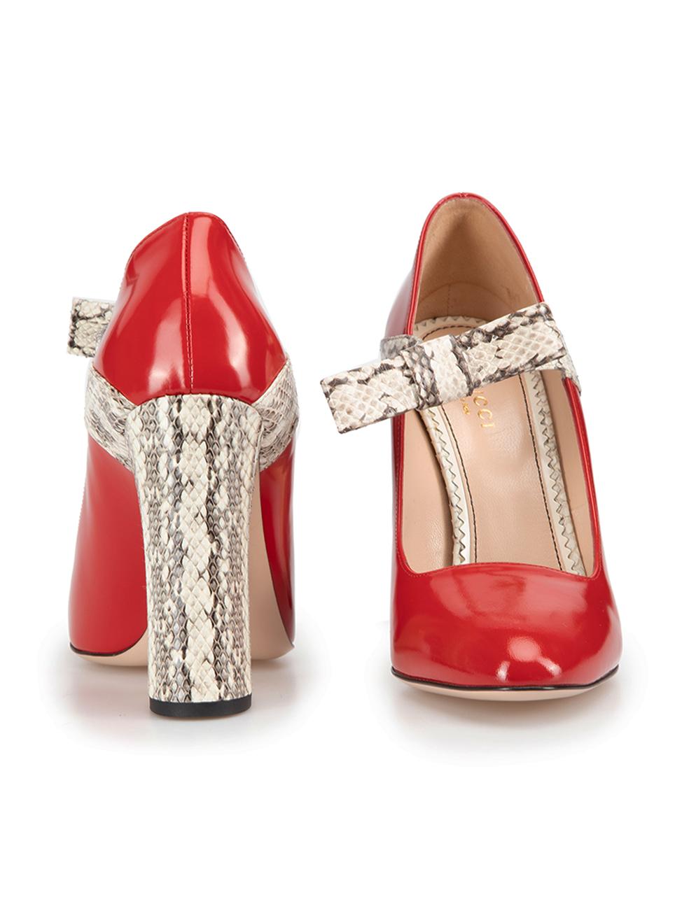 Gucci Women's Red Leather Snakeskin Bow Pumps In New Condition In London, GB