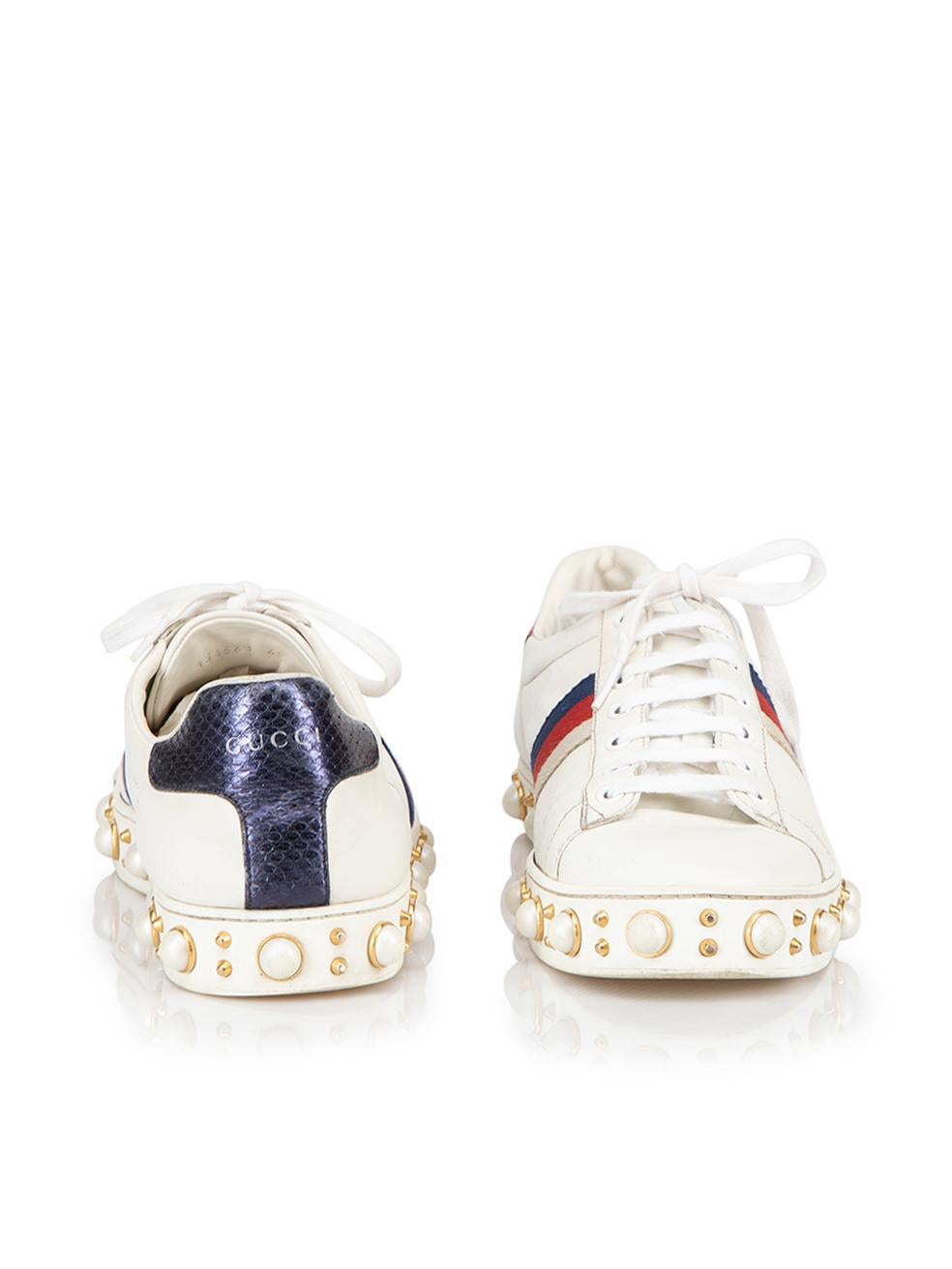 Gucci Women's White Pearl Embellished Ace Trainers In Good Condition In London, GB