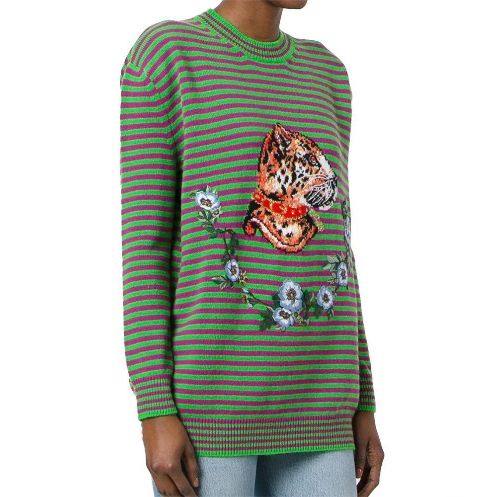Women's or Men's Gucci Women's Wool Striped Leopard Head Sweater Green For Sale