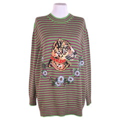 Gucci Women's Wool Striped Leopard Head Sweater Green