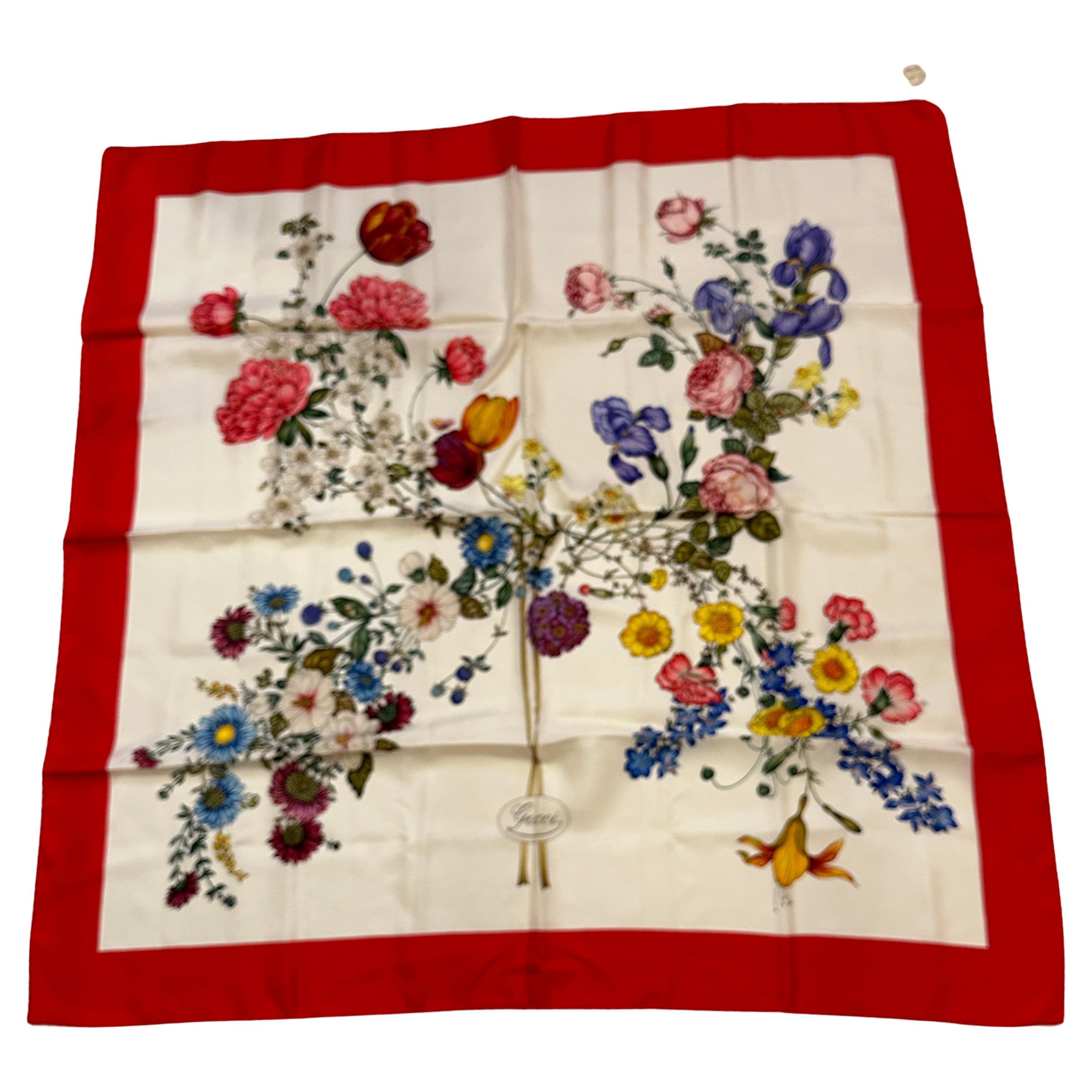 Gucci Wonderfully Elegant "Multi-Floral In Bloom" With Red Borders Silk Scarf For Sale