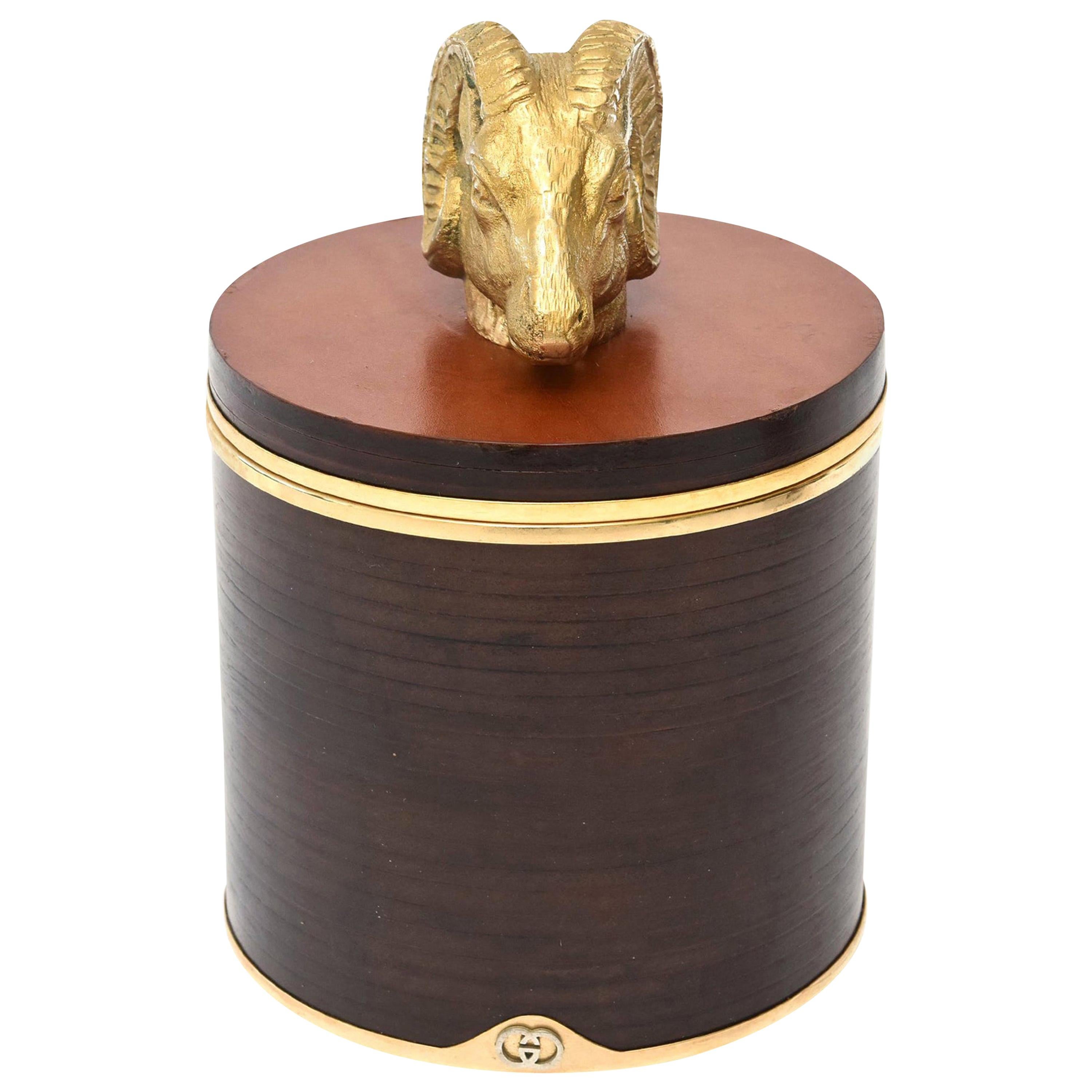 Gucci Wood, Leather and Brass Rams Head Lidded Box Signed Vintage