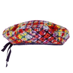 Gucci Wool Blend Checked Tweed Beret With Calfskin Leather Trim