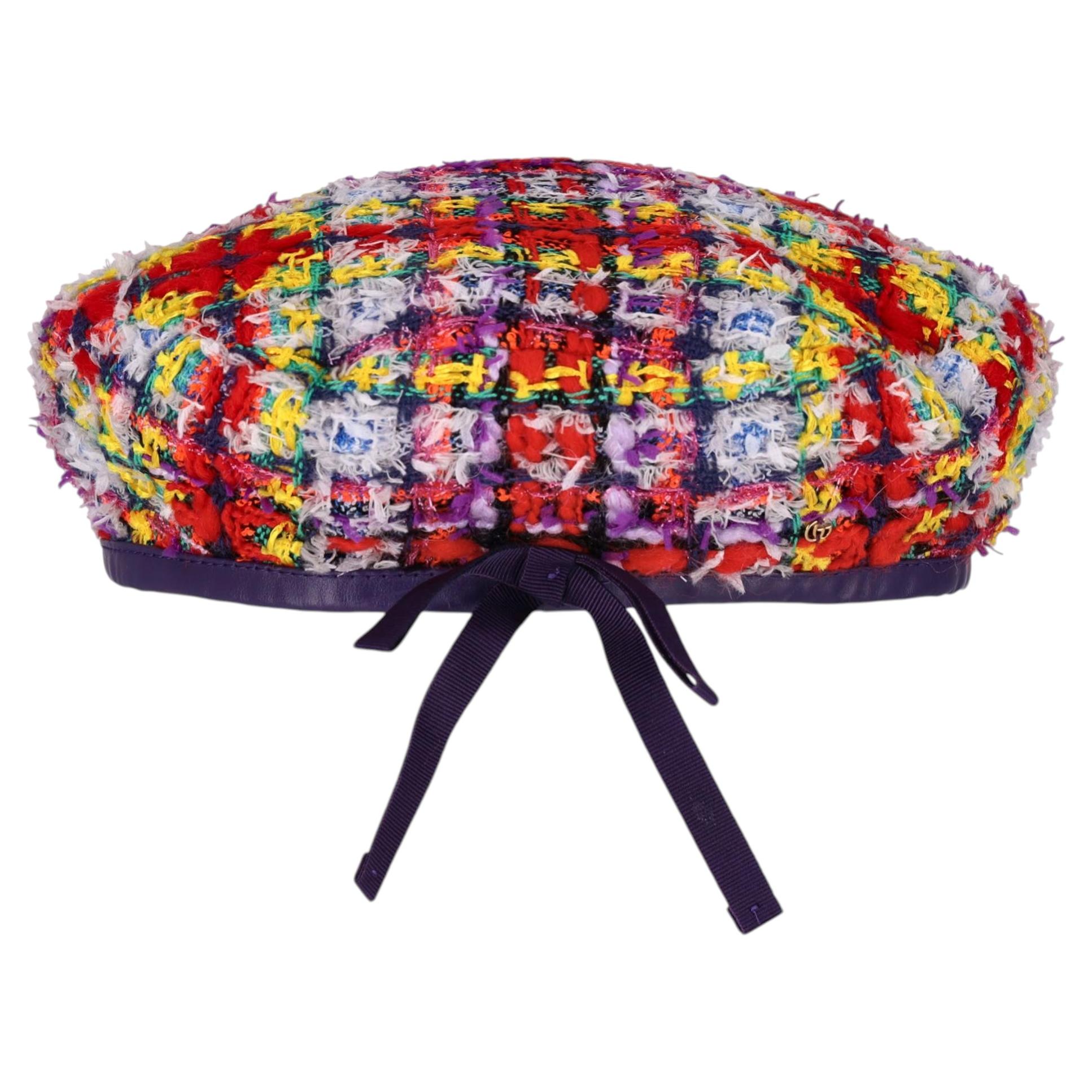 Pre-owned Gucci Wool Blend Checked Tweed Beret With Calfskin Leather Trim In Pink