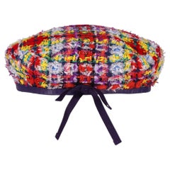 Gucci Wool Blend Checked Tweed Beret With Calfskin Leather Trim