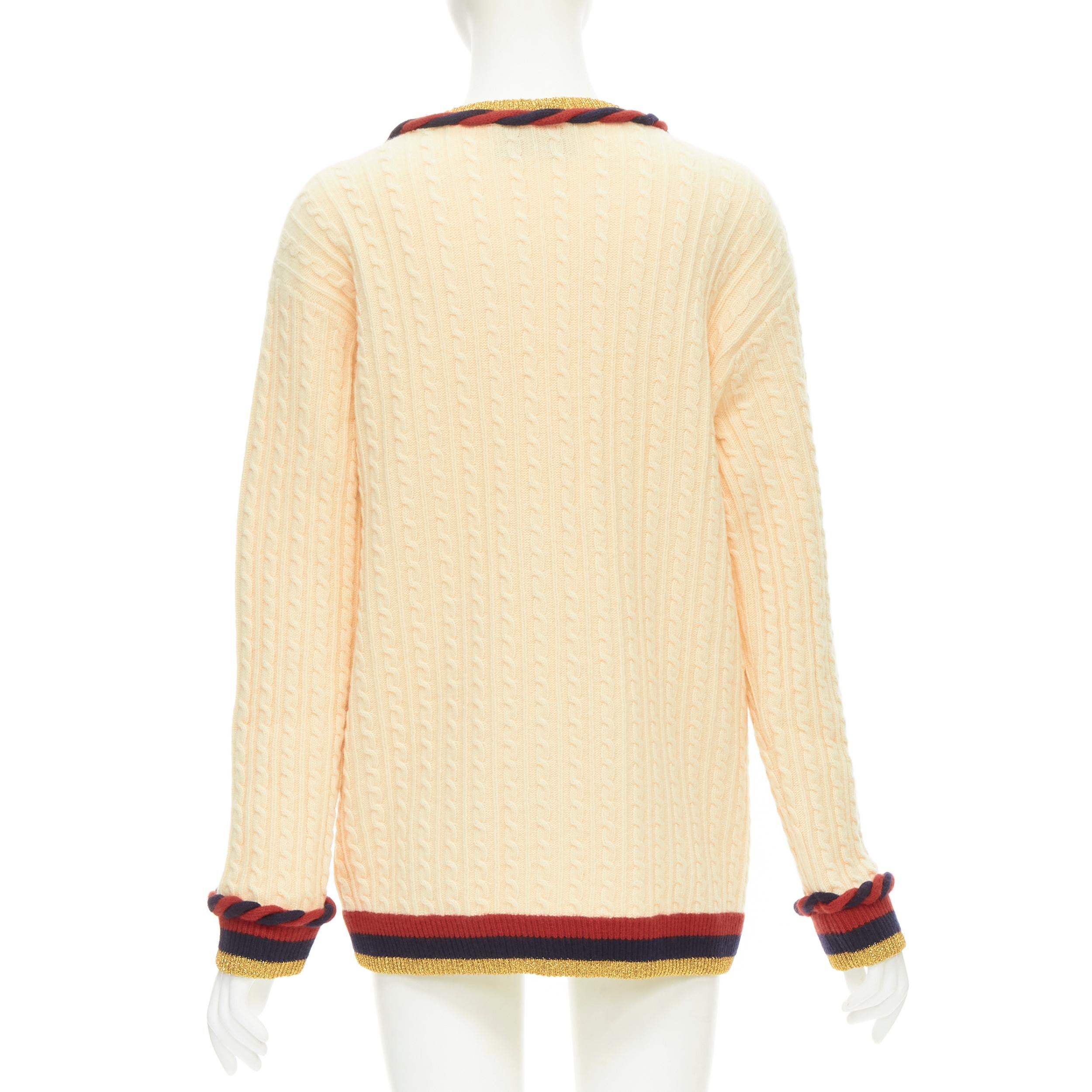 White GUCCI wool cashmere cream cable knit navy red web rope trim cardigan XXS