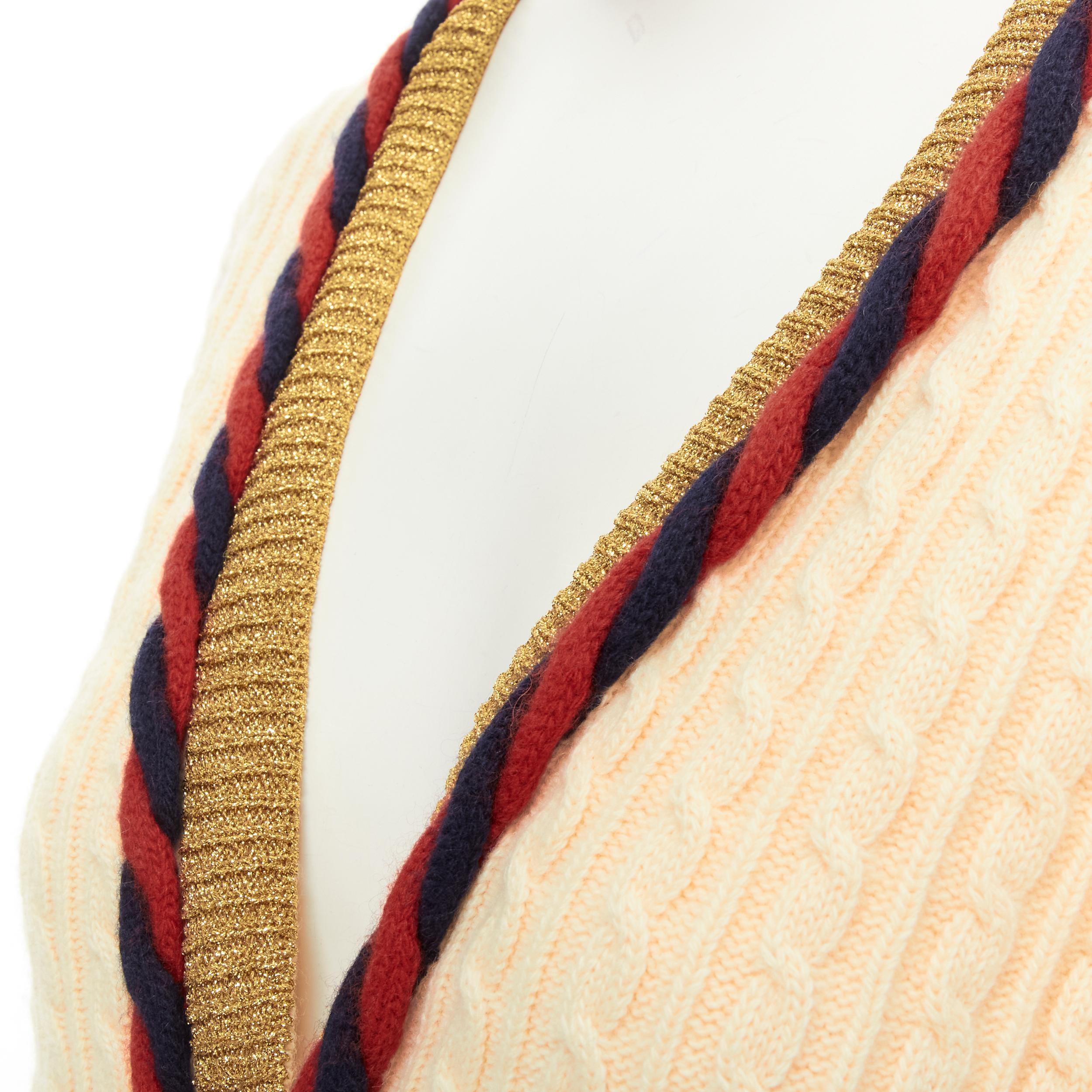 GUCCI wool cashmere cream cable knit navy red web rope trim cardigan XXS In Excellent Condition In Hong Kong, NT