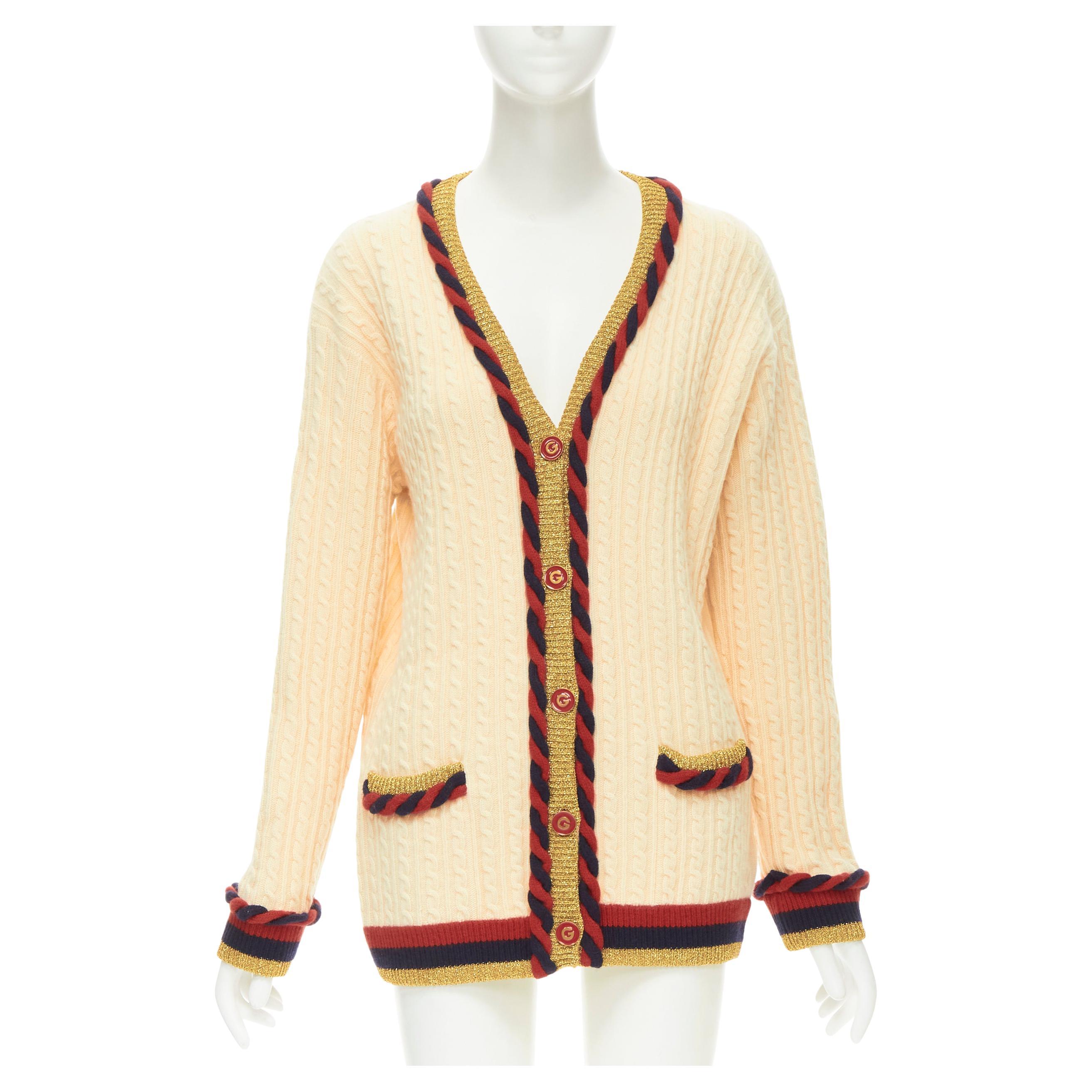 GUCCI wool cashmere cream cable knit navy red web rope trim cardigan XXS