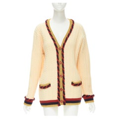 GUCCI Strickjacke aus Wolle und Kaschmir in Creme aus Kabelstrick mit marineblauem und rotem Seilbesatz XXS