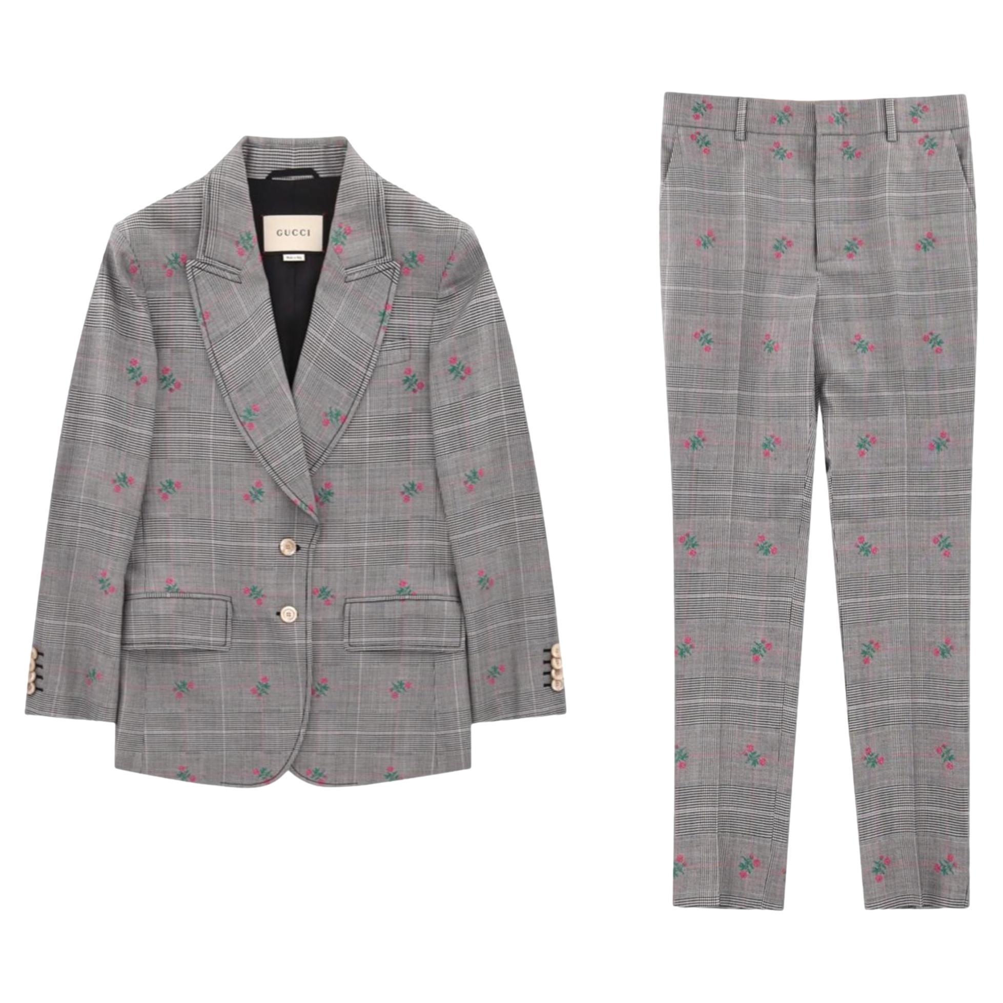 Gucci Wool Checked Floral Jacket & Trousers Suit For Sale