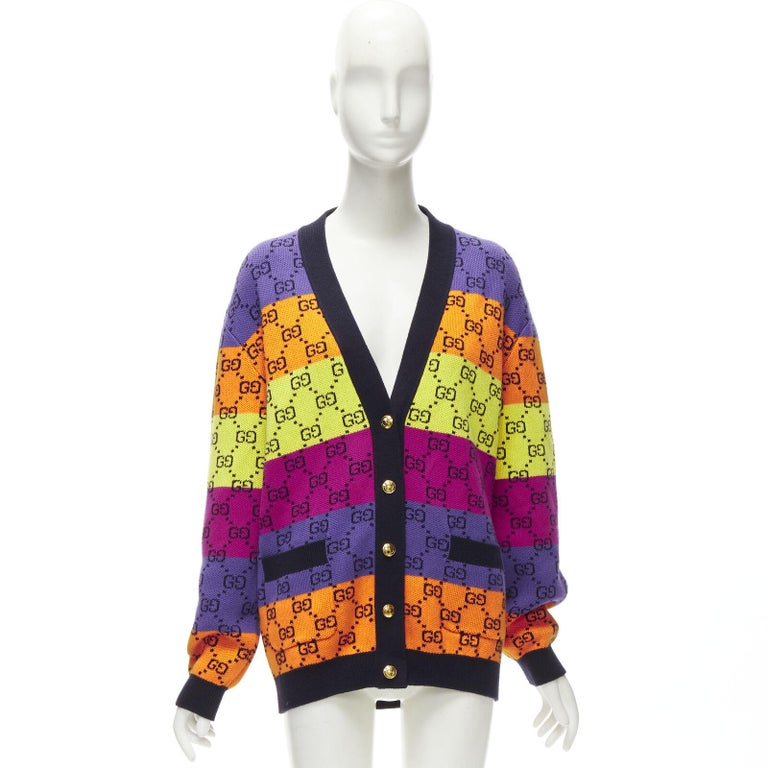 GUCCI wool cotton colorblocked GG monogram gld button oversized cardigan XS  For Sale at 1stDibs