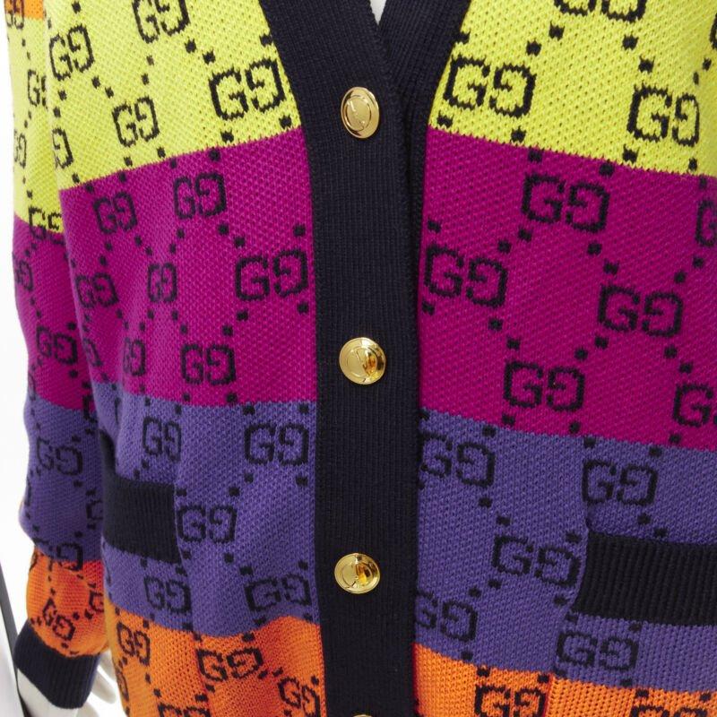 GGCI laine coton colorblocked GG monogram gld button oversized cardigan XS
Référence : AAWC/A00247
Marque : Gucci
Designer : Alessandro Michele
MATERIAL : Laine, coton
Couleur : Multicolore
Motif : Monogramme
Fermeture : bouton
Doublure :  Non