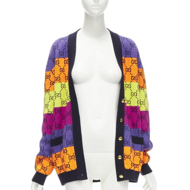 Marron GGCI laine coton colorblocked GG monogram gld button oversized cardigan XS en vente