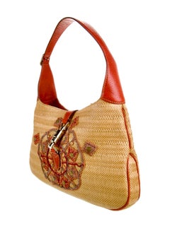 NEW Gucci Signature Woven Straw Leather Jackie Shoulder Bag Sequins & Embroidery