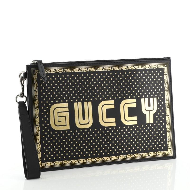 Black Gucci Wristlet Clutch Limited Edition Printed Leather