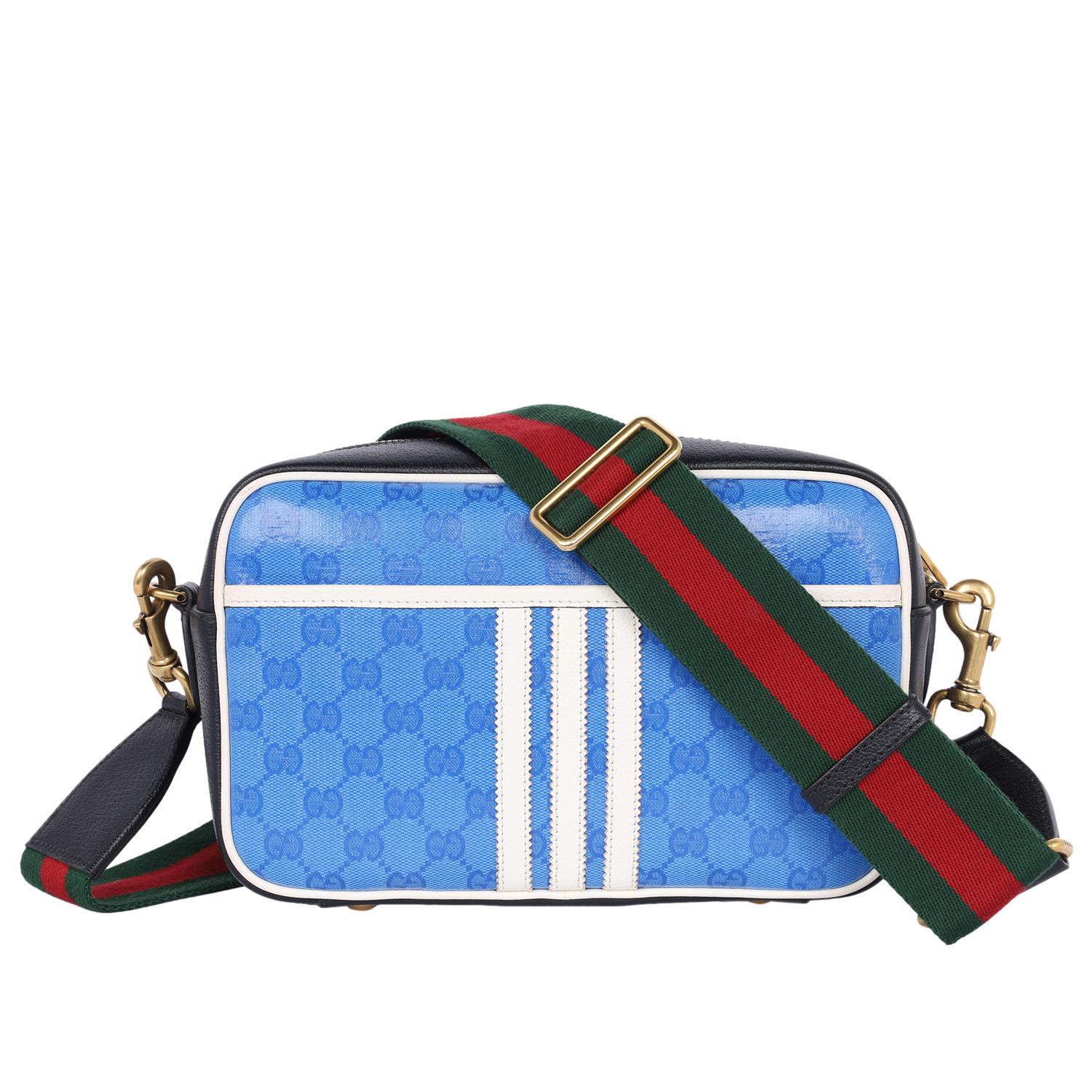 Gucci x Adidas Crystal Vintage Monogram Small Messenger Bag Blue In Good Condition For Sale In Salt Lake Cty, UT