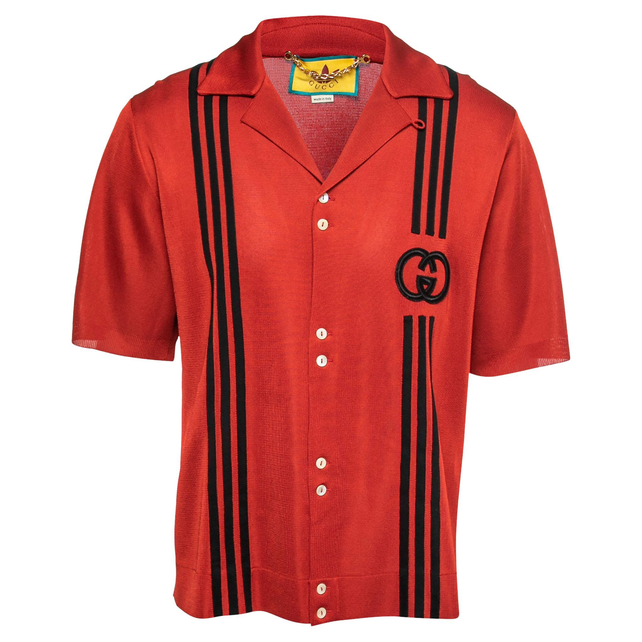 Gucci X Adidas Red GG Monogram Knit Short-Sleeve Shirt M For Sale