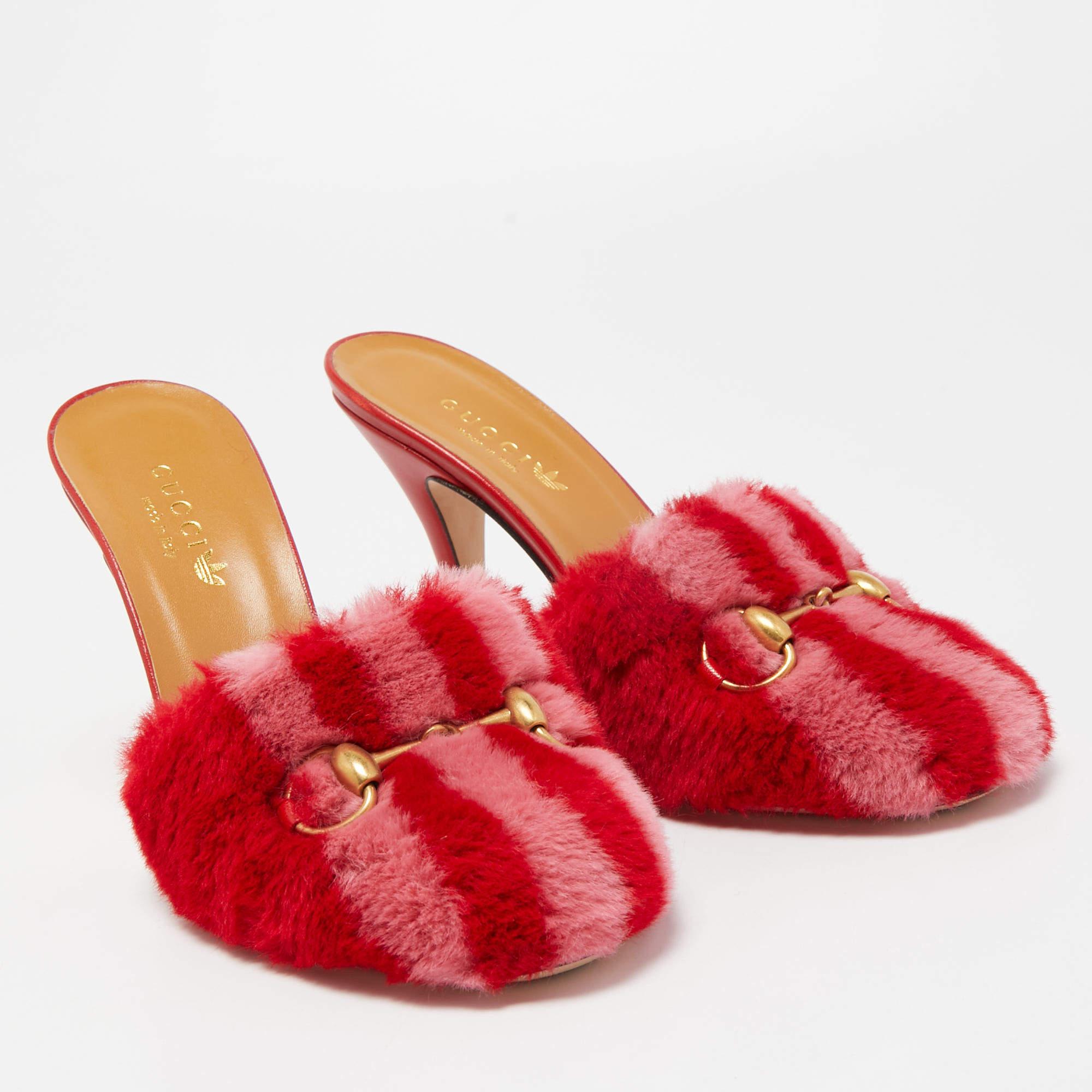 Gucci x Adidas Red/Pink Shearling Fur Horsebit Mules Size 36.5 In Good Condition In Dubai, Al Qouz 2