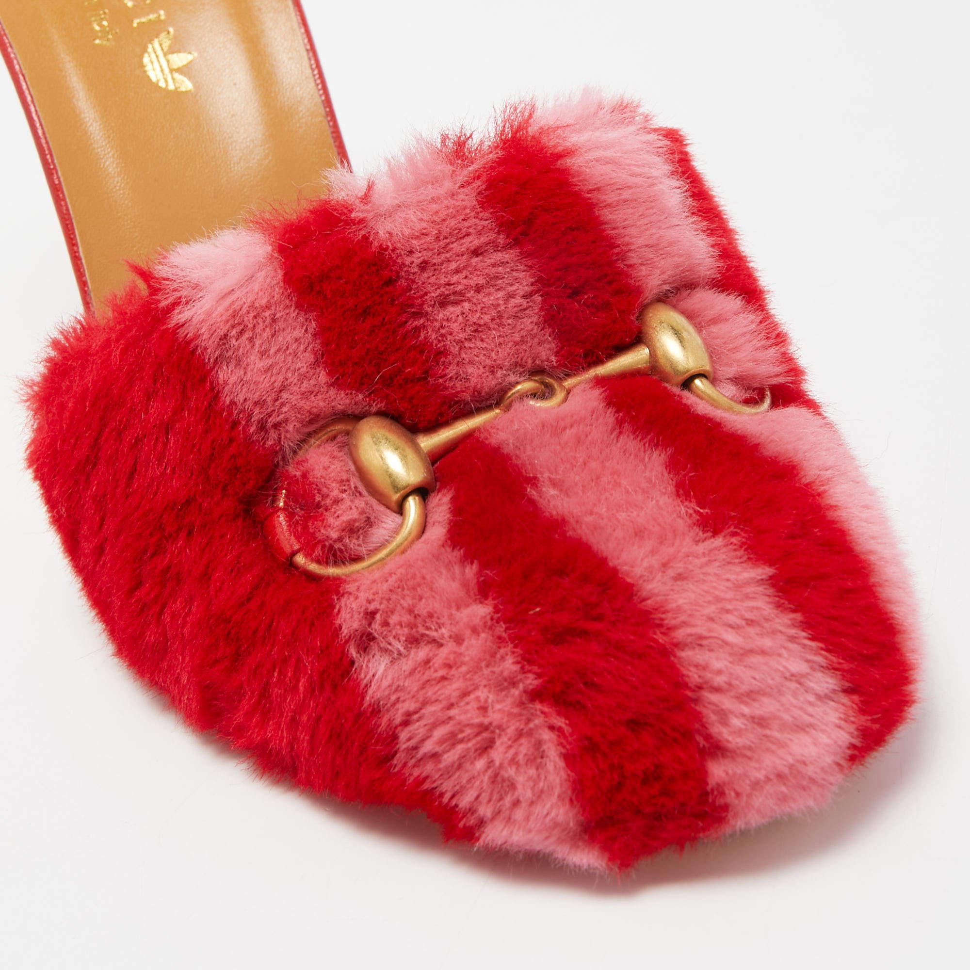 Gucci x Adidas Red/Pink Shearling Fur Horsebit Mules Size 36.5 2