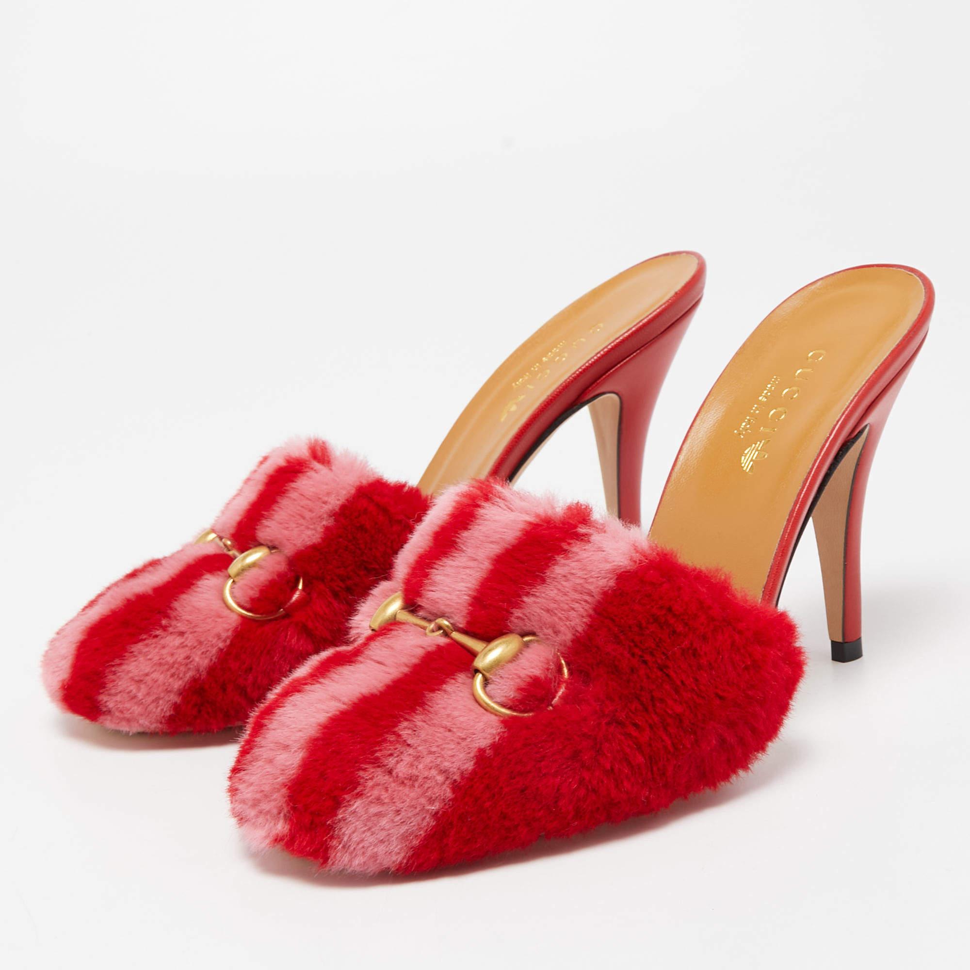 Gucci x Adidas Red/Pink Shearling Fur Horsebit Mules Size 36.5 4