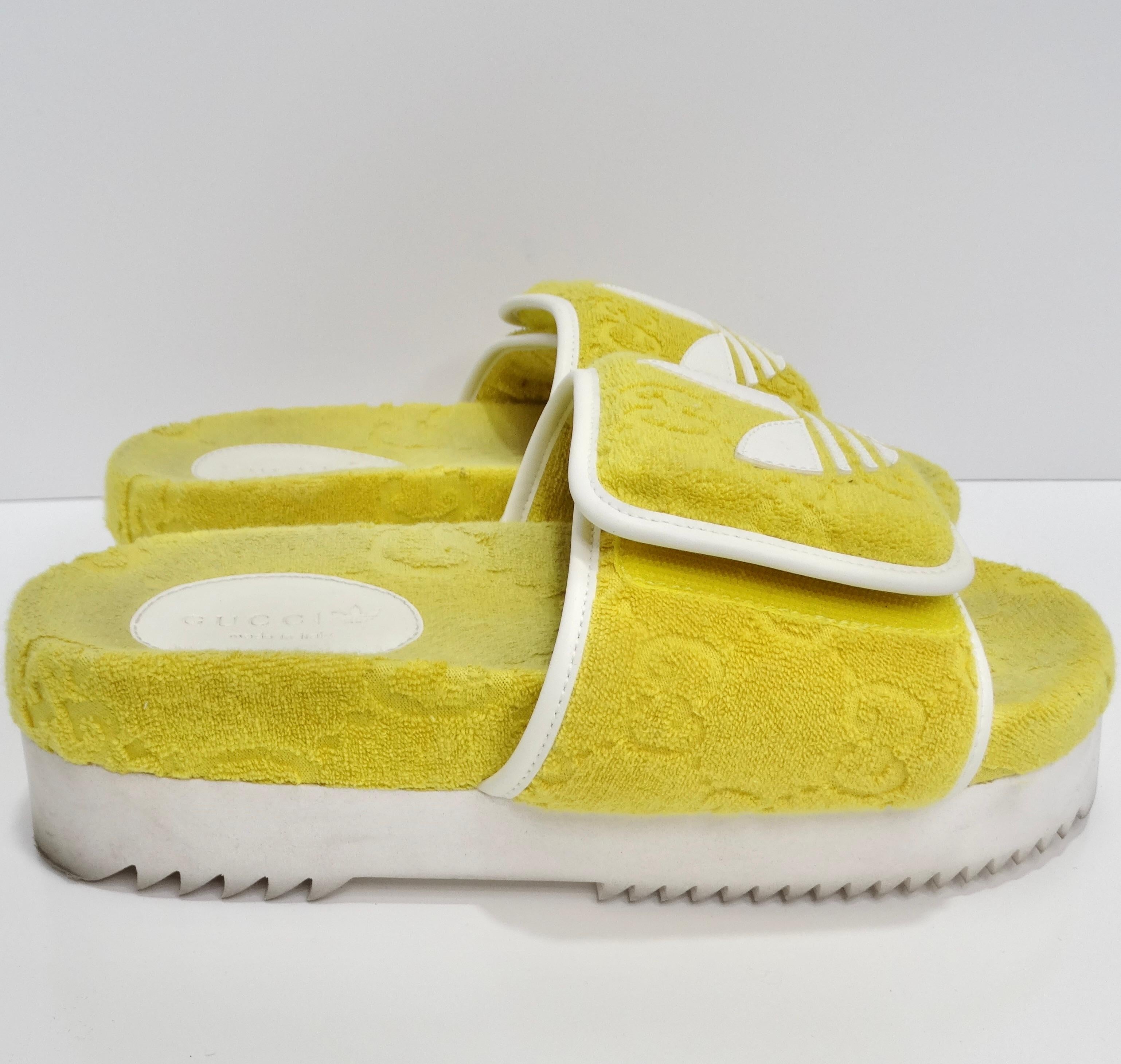 Women's or Men's Gucci X Adidas Yellow Terry Cloth GG Monogram Platform Sandals  For Sale