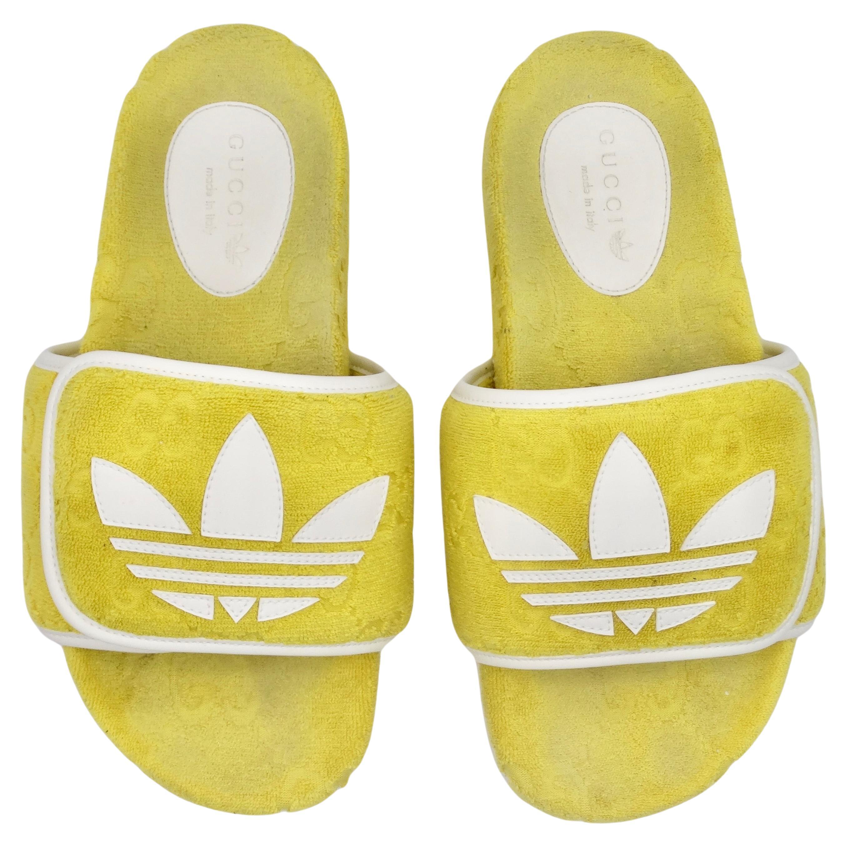 Gucci X Adidas Yellow Terry Cloth GG Monogram Platform Sandals  For Sale