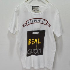 Gucci X Angela Hicks Limitierte Auflage Weißes T-Shirt aus Baumwolle „Keepin It Real“ + Zinn