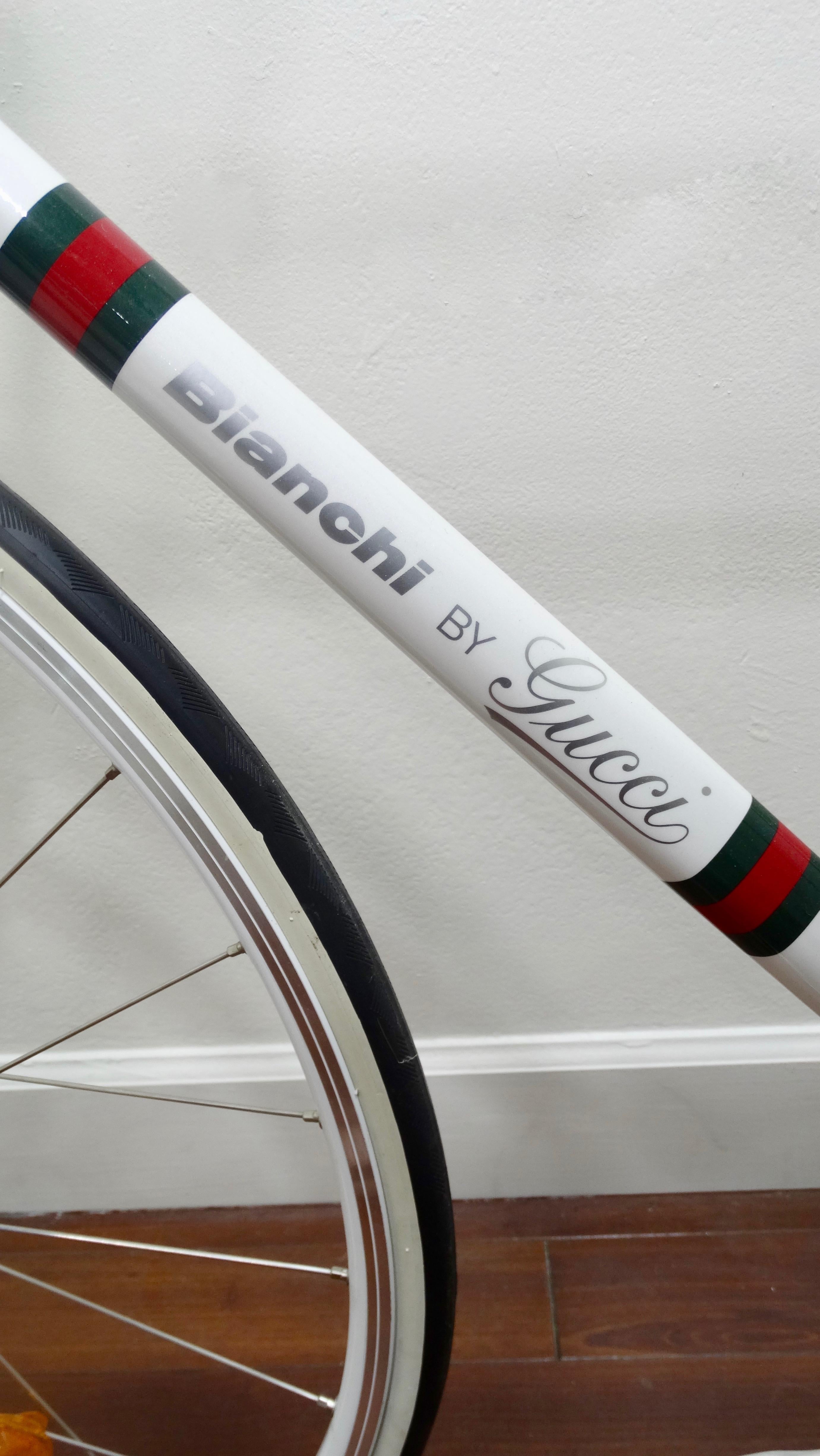 Ride in style or elevate your interior space with this amazing Gucci x Bianchi bike! This 2011 collaboration unveiled the exclusive Bianchi by Gucci bicycle designed by Gucci Creative Director at the time, Frida Giannini. The Bianchi by Gucci bike