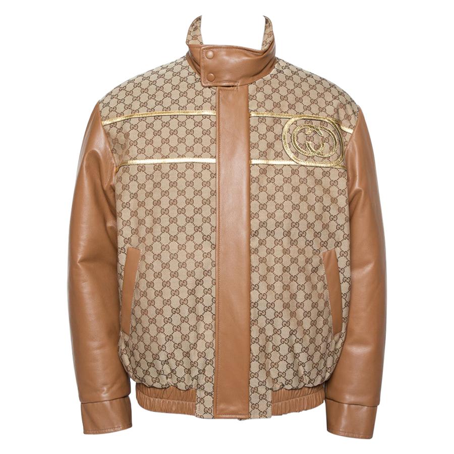 Gucci X Dapper Dan Bicolor Leather Logo Monogram Embellished Varsity Jacket M